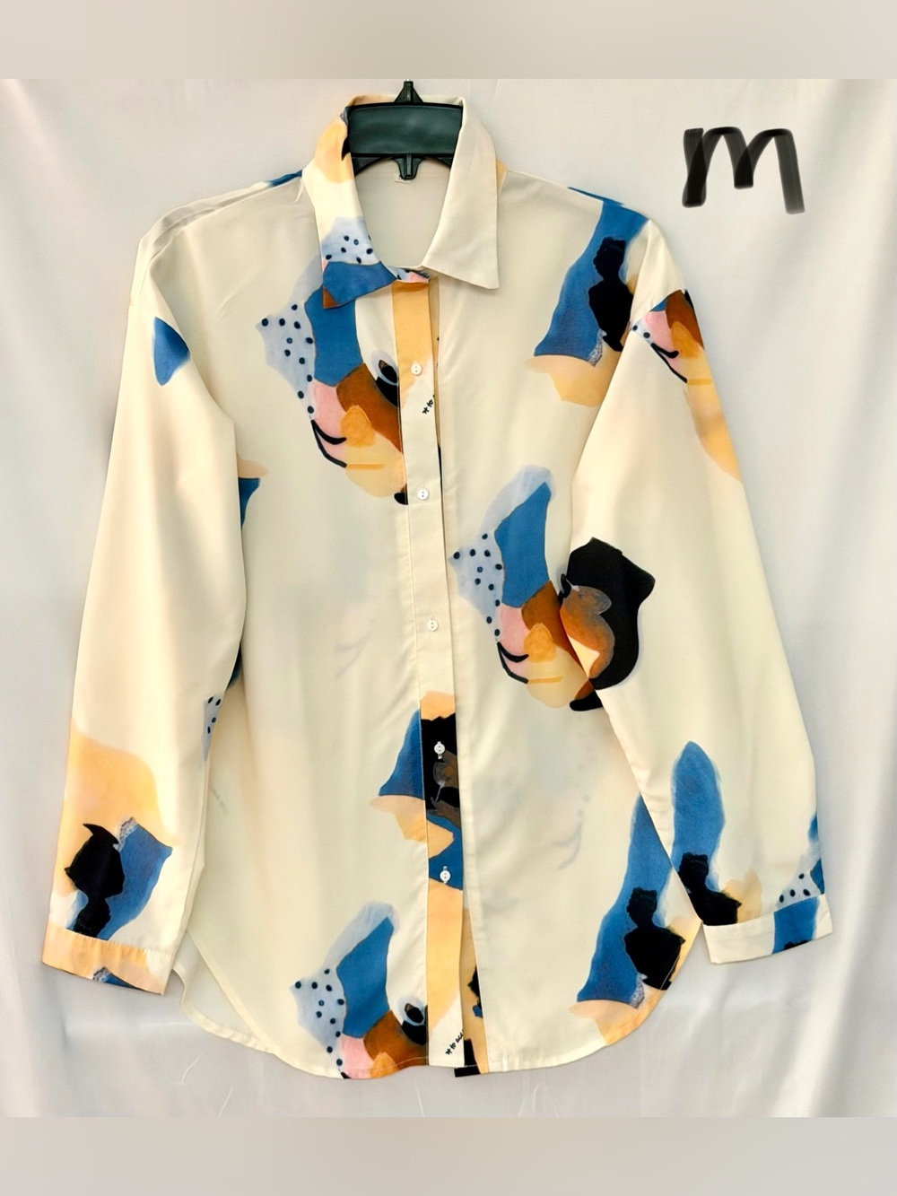 Cream Abstract Print Button-Down Shirt with Blue & Peach Accents